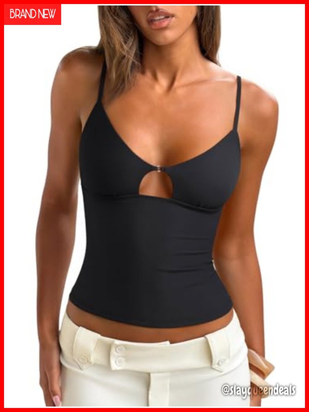 Womens Cut Out Spaghetti Strap Tank Top Double Lined V Neck Slim Fit Y2K